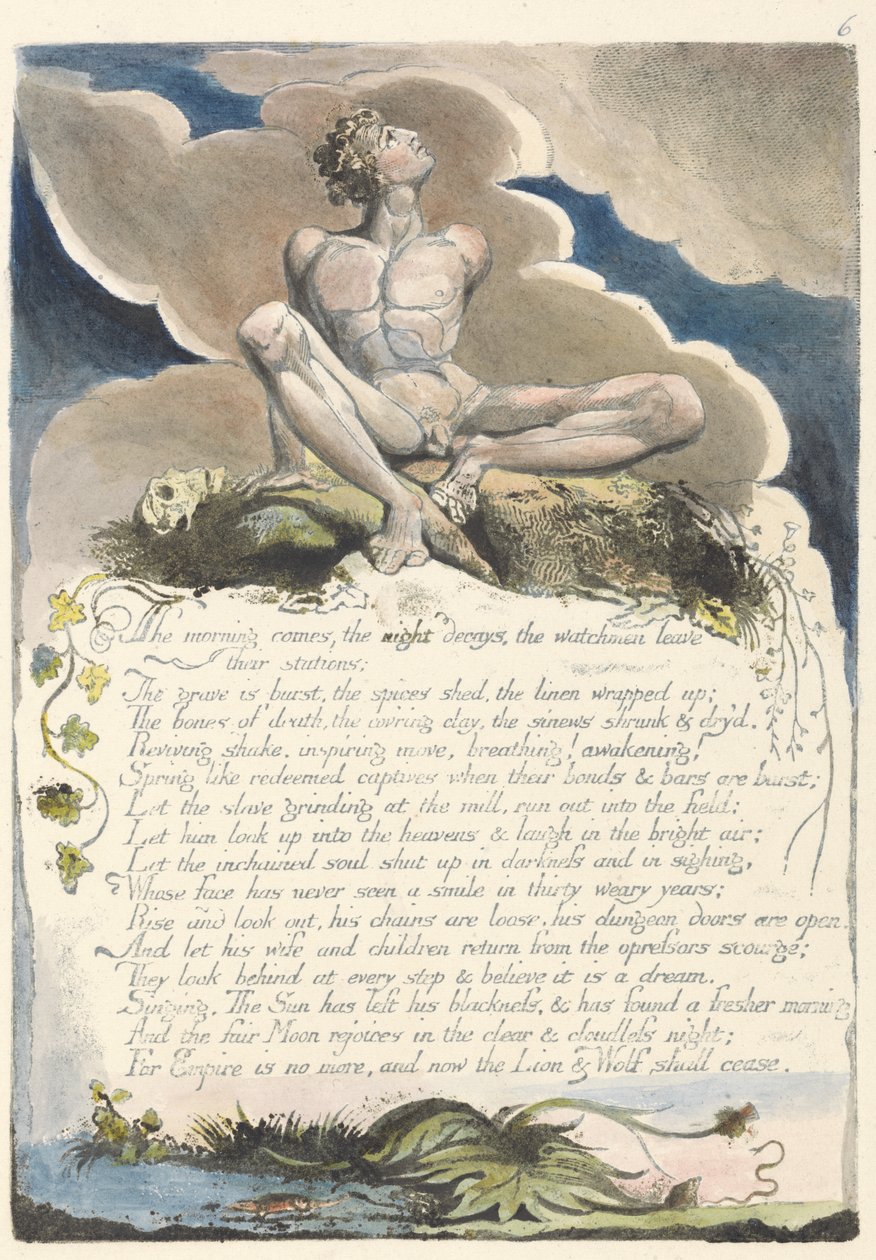 Morgenen kommer..., plade 8 fra Amerika: A Prophecy, 1793 (reliefætsning trykt i sort med pen & blæk og wc) af William Blake