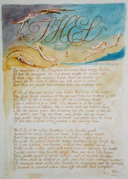 Thel I The Daughters of Mne Seraphim..., plade 3 fra The Book of Thel, 1789 (reliefætsning trykt i brunt med wc på papir) af William Blake