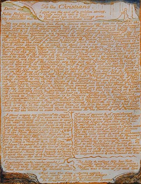 Til de kristne..., plade 77 fra Jerusalem, 1804-20 (radering trykt i orange med pen og wc på papir) af William Blake