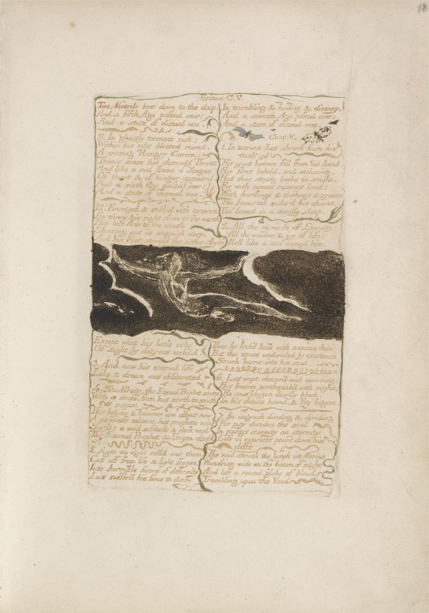 To næsebor bøjet ned til dybet..., plade 16 fra The First Book of Urizen, 1794 (farvetrykt relief ætsning med blæk og wc på papir) af William Blake