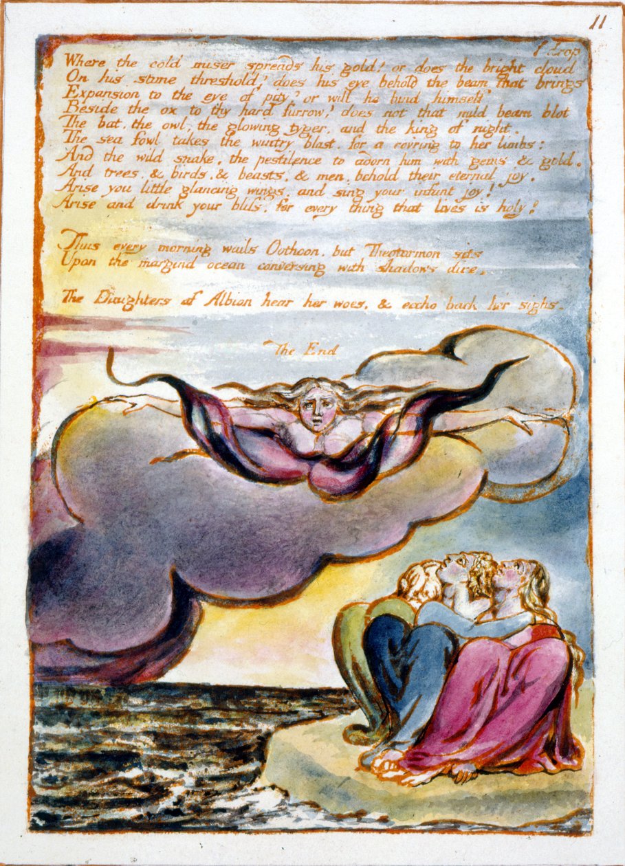 Visions of the Daughters of Albion: "Where the Cold Miser Spreads His Gold..." designet i 1793, færdiggjort ca. 1815 (reliefradering med pen og wc på papir) af William Blake