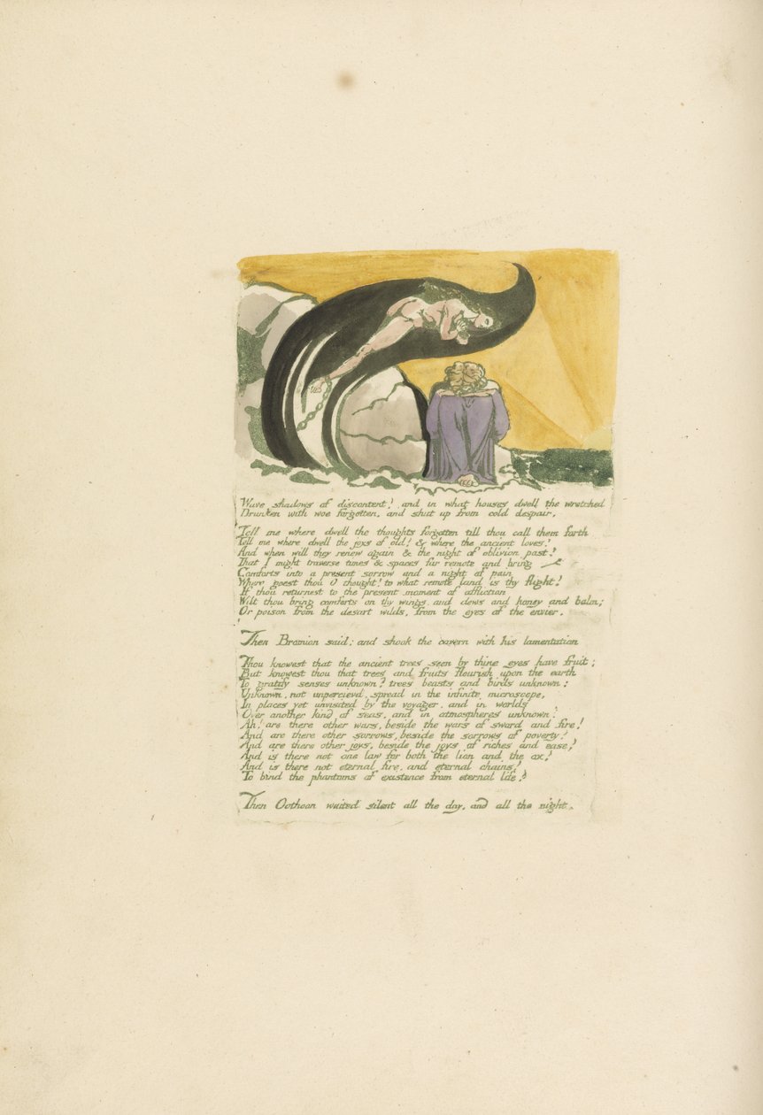 Bølgeskygger af utilfredshed.., plade 7 fra Visions of the Daughters of Albion, 1793 (reliefætsning trykt i grønt med wc) af William Blake
