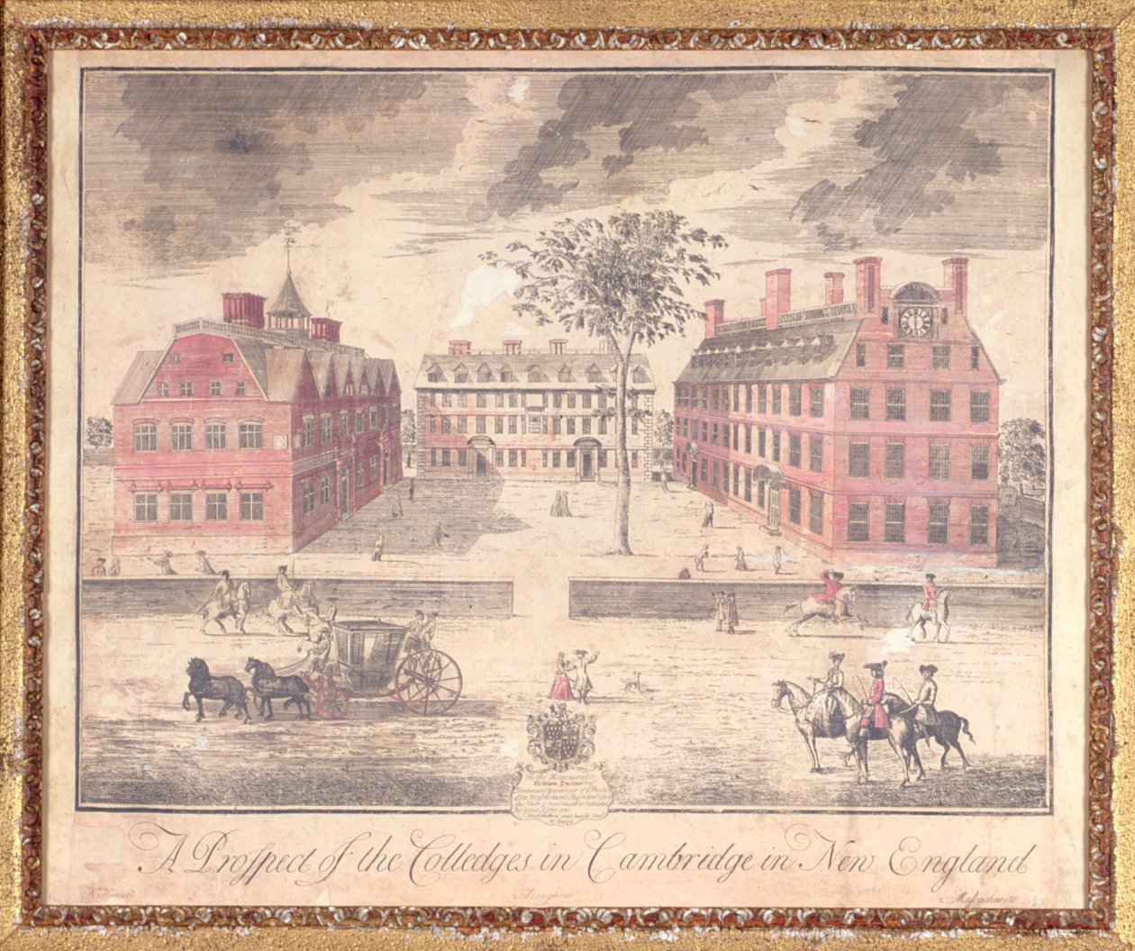 A Prospect of the Colleges i Cambridge i New England, gravering tilskrevet John Harris (fl.1686-1740), 1726 (håndfarvet gravering) af William Burgis