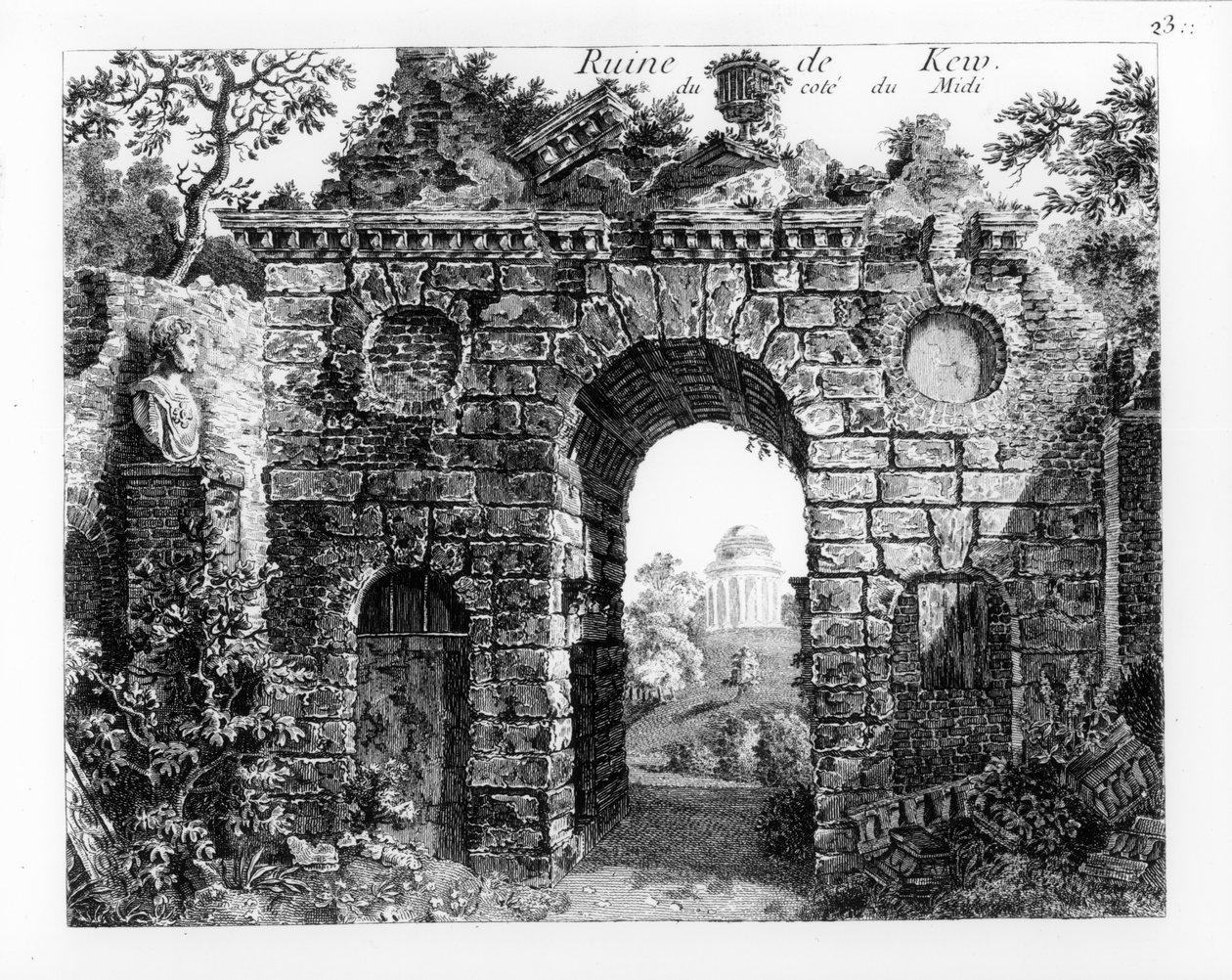 Ruiner midt i Kew Gardens, fra "The Garden and Buildings at Kew in Surry", af Sir William Chambers, udgivet i 1763, som genudgivet i "Jardins Anglo-Chinois a la Mode", af George Louis le R af William Chambers