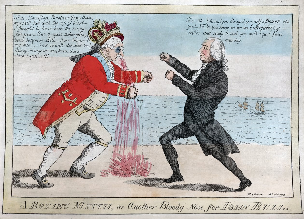 A Boxing Match or Another Bloody Nose for John Bull, pub. 1813 (håndkoloreret gravering) af William Charles