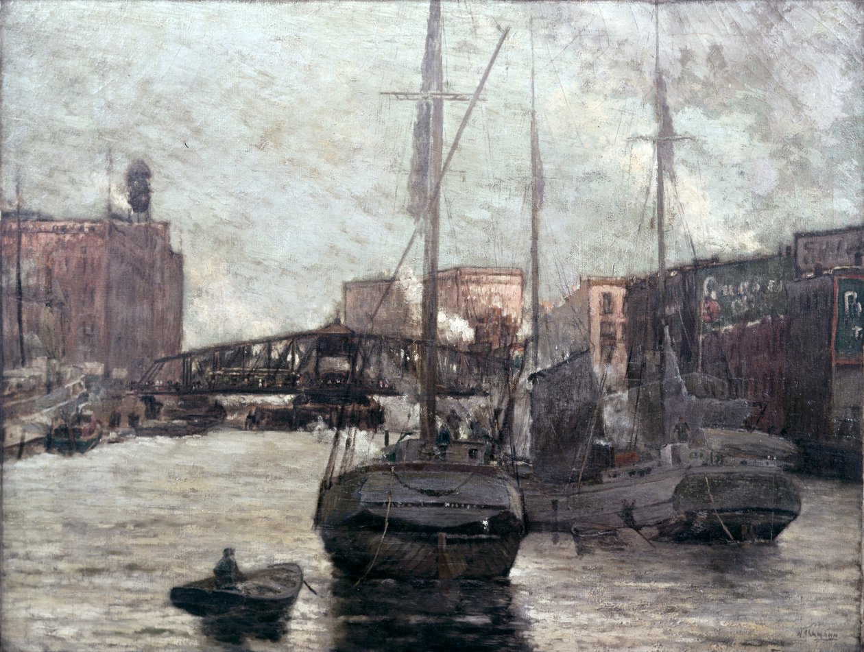 Udsigt over Chicago-floden, der viser Clark Street Bridge, 1910-12 af William Clusmann