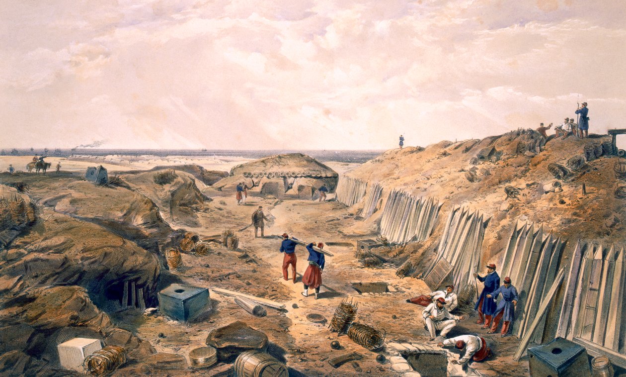Grøften ved Bastion du Mat, plade fra "The Seat of War in the East", udgivet af Paul und Dominic Colnaghi und Co., 1856 af William Crimea Simpson