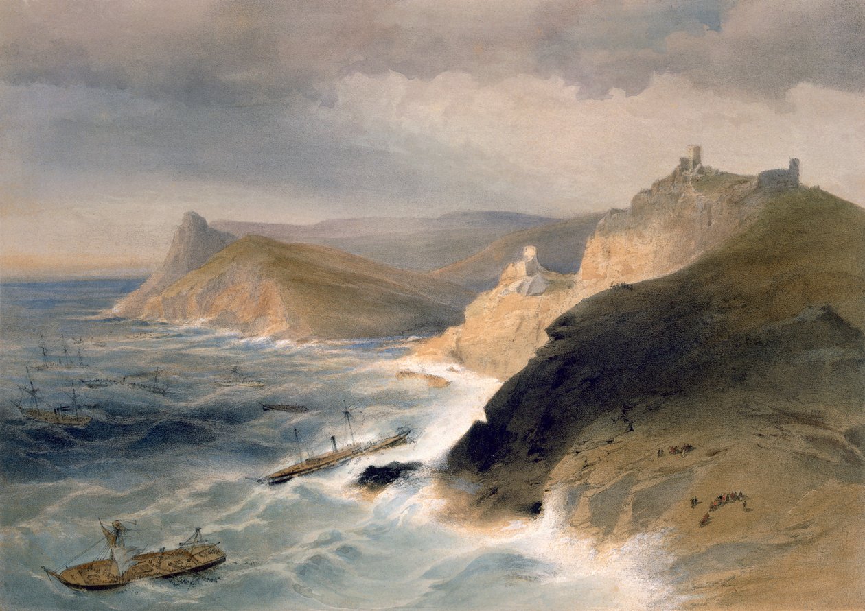 Storm ud for Balaklava havn, 14. november 1854, plade fra "The Seat of War in the East", udgivet af Paul und Dominic Colnaghi und Co., 1856. af William Crimea Simpson