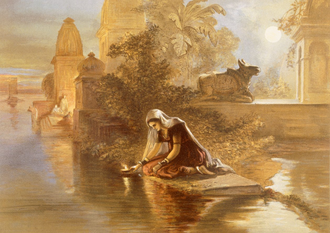 Indisk kvinde svævende lamper på Ganges, fra 