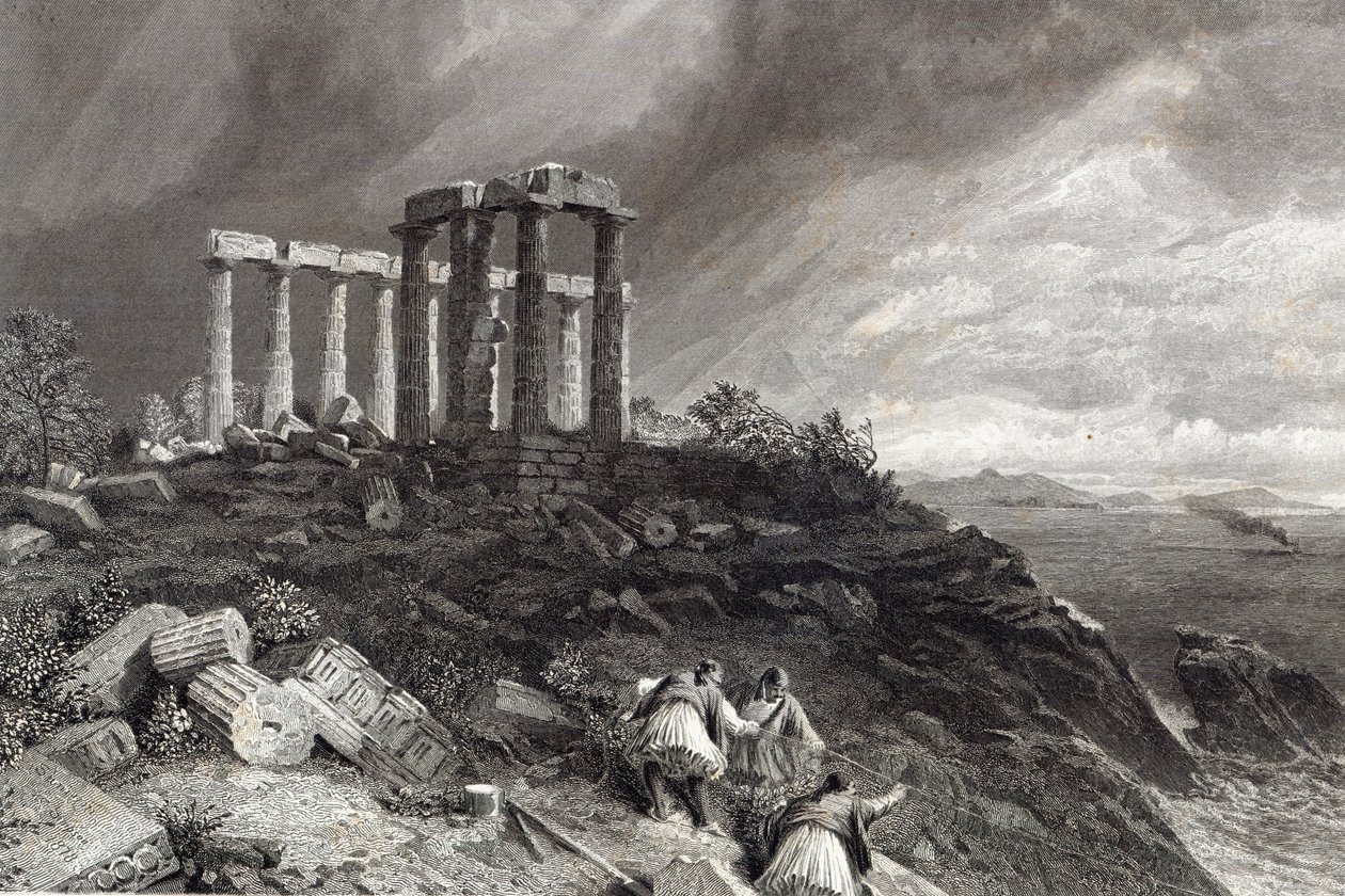 Temple of Minerva Sunium, graveret af J. Saddler af William Crimea Simpson