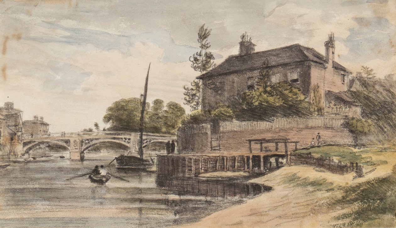 Berkshire: Windsor Bridge fra engen går til Clewer, Mr Collins" House, Young Cramer og Blagsom i båden, 18. juli 1832 af William Crotch