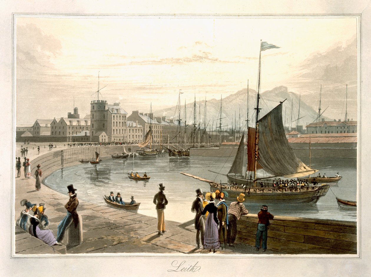 En færge ankommer til Leith, fra "A Voyage Around Great Britain Undertaken between the Years 1814 and 1825", udgivet i 1829 af William Daniell