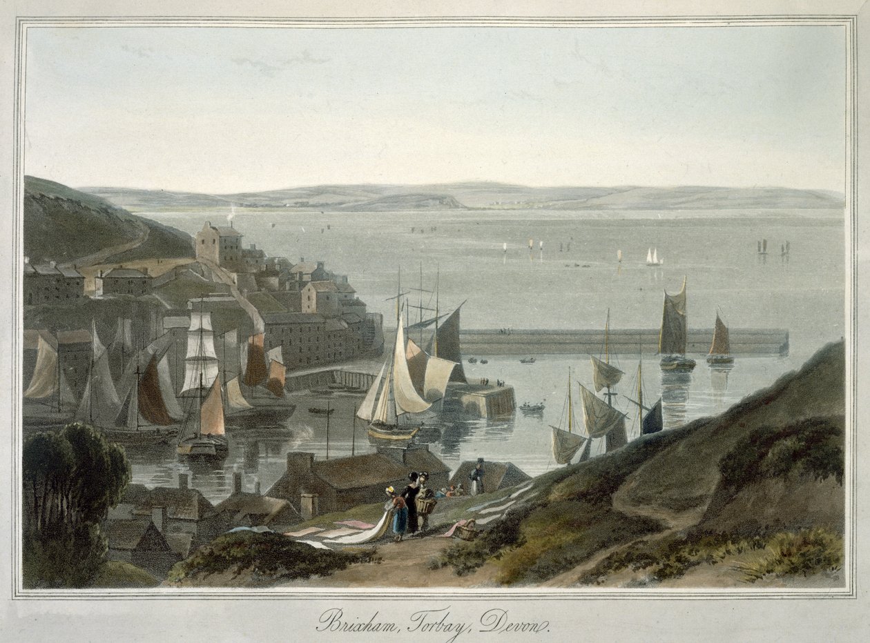 Brixham, Torbay, Devon, fra bind VIII af "A Voyage Around Great Britain Undertaken between the Years 1814 and 1825", udgivet i 1825 (akvatint) af William Daniell