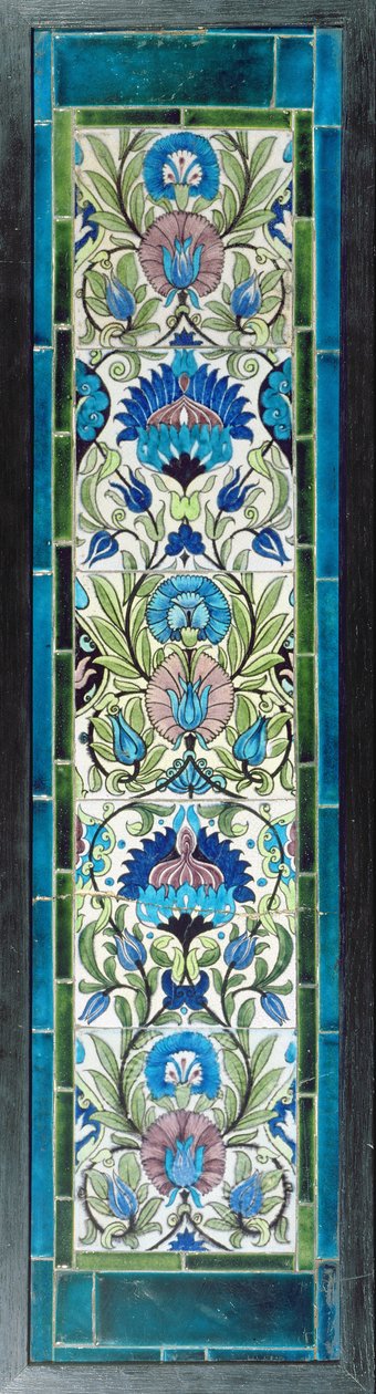 Fem fliser med gennemgående blomsterdesign (keramik) af William de Morgan