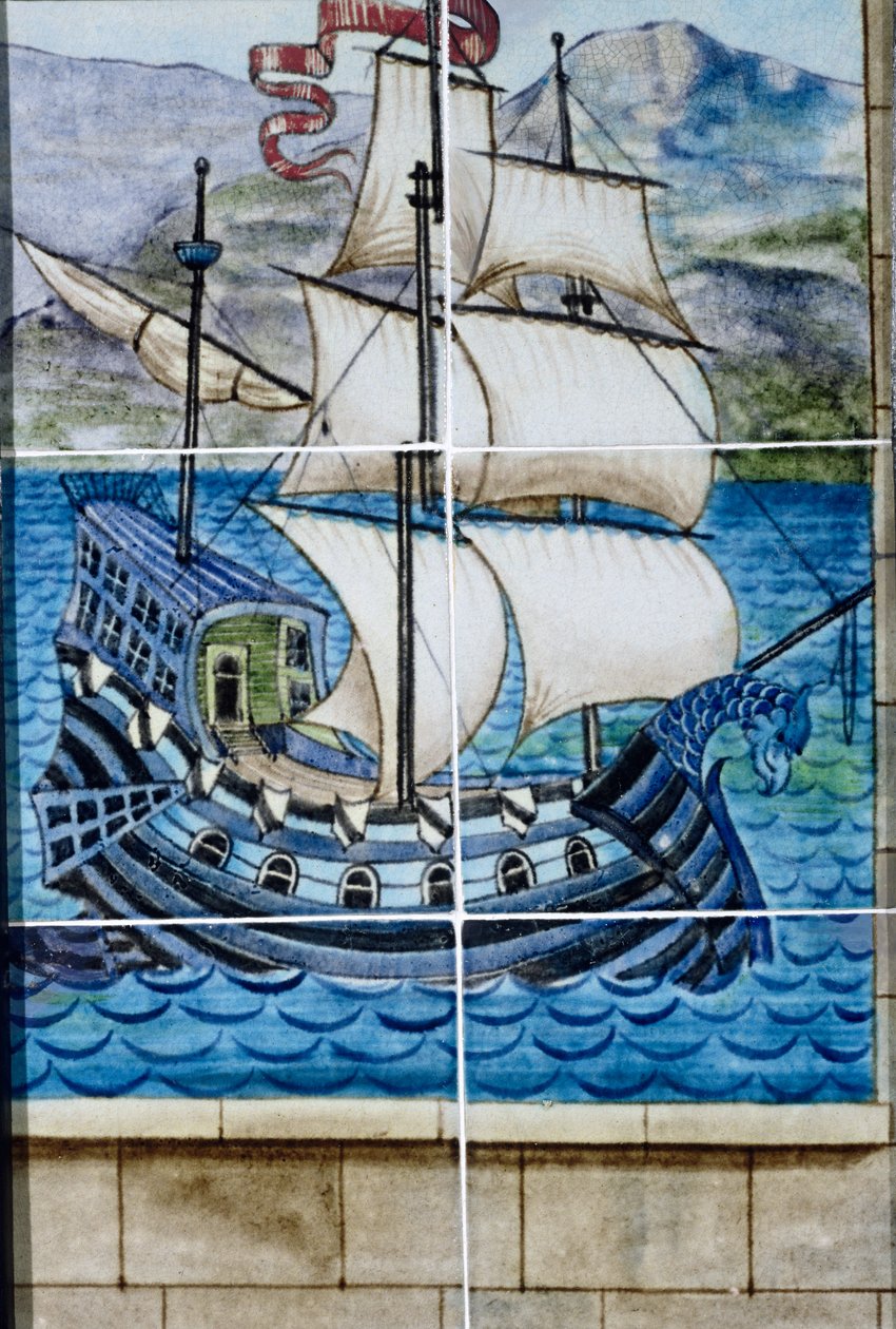 Seks fliser af en galeon (keramik) af William de Morgan