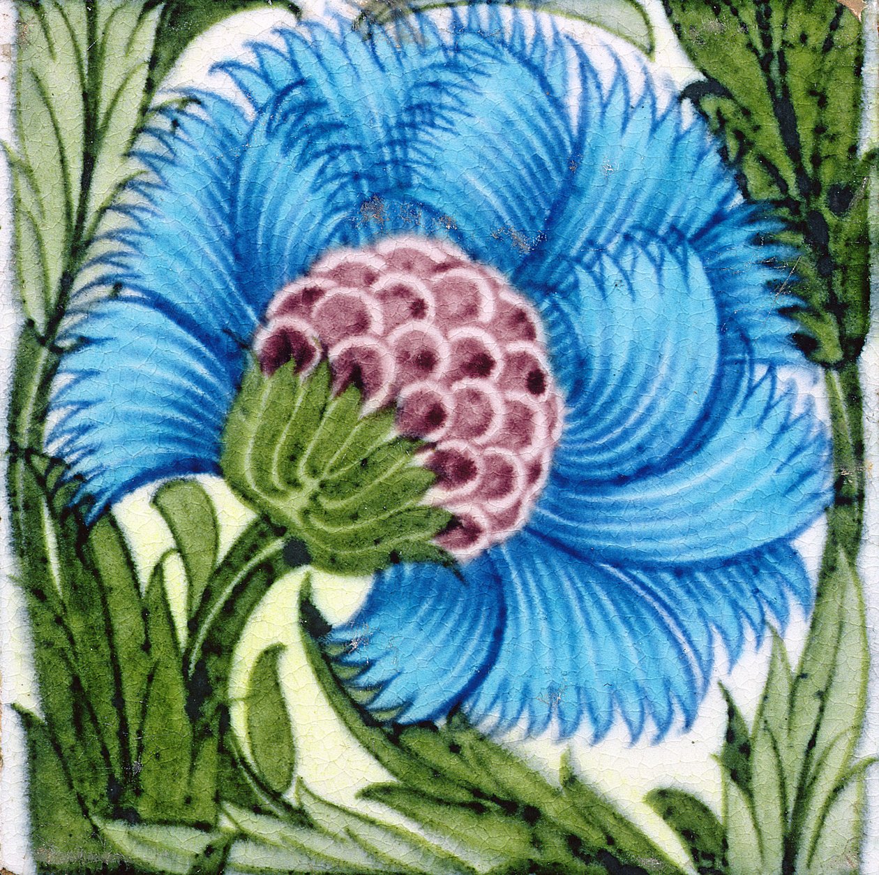 Flise med blomsterdesign i persisk stil (keramik) af William de Morgan