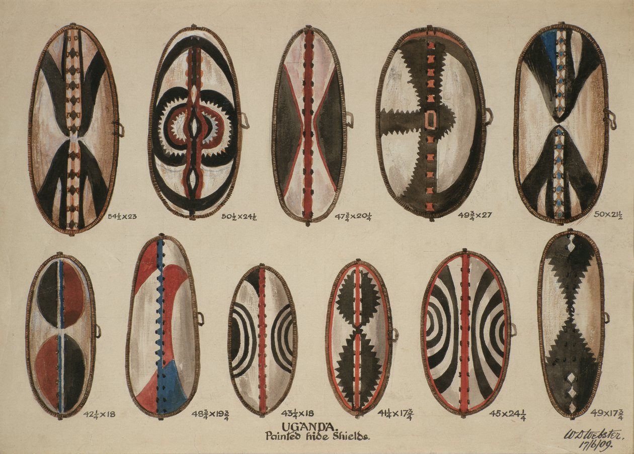 Uganda - Malede skjolde, 1909 (wc på papir) af William Downing Webster