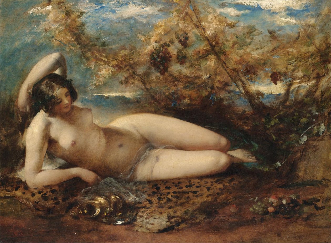 En ung kvinde, der lå på et pelsdækken af William Etty