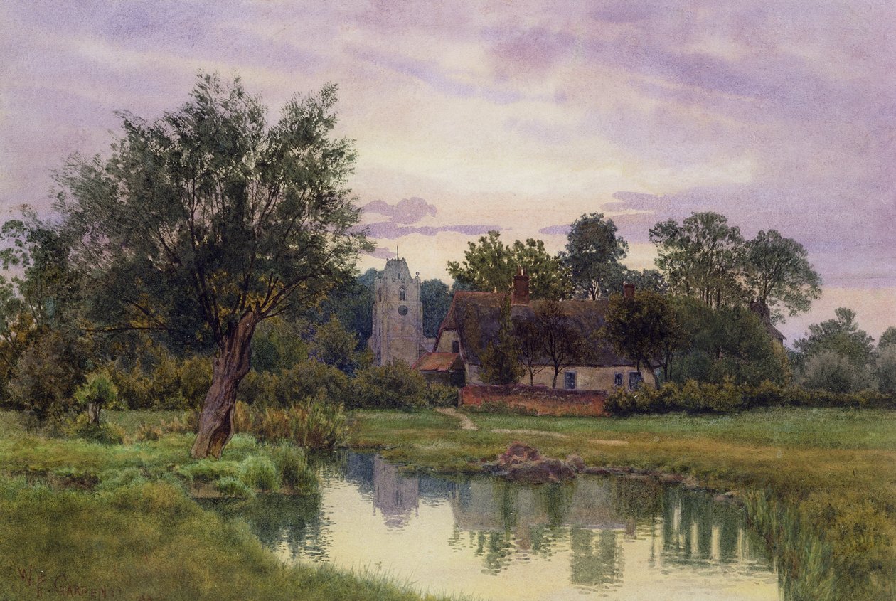 Aften, Hemingford Grey Church, Huntingdonshire (wc på papir) af William Fraser Garden