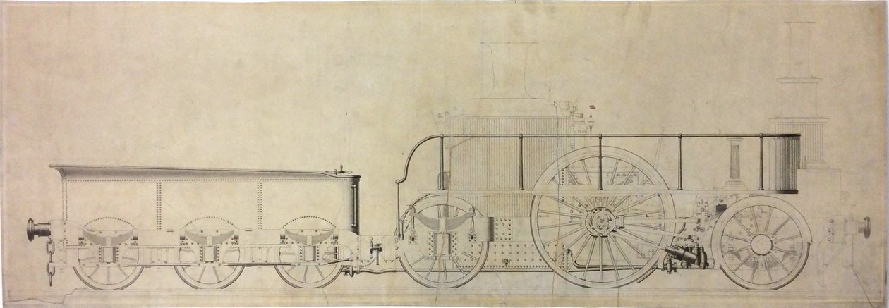 Konstruktionstegning af eksperimentelt kondenserende lokomotiv, før 1848 af William George Armstrong