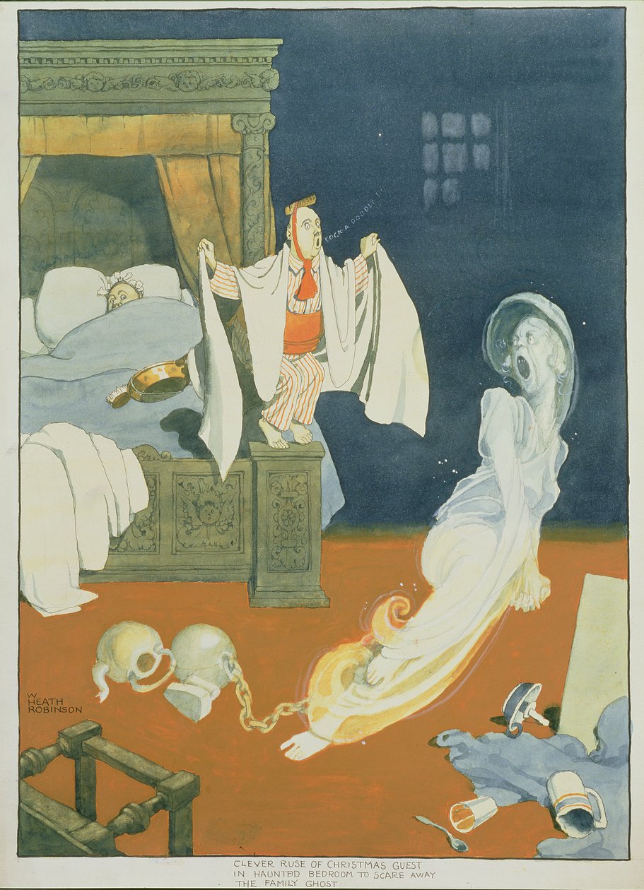 Smart list af julegæst i hjemsøgt soveværelse for at skræmme familiens spøgelse væk (pen & blæk og wc på papir) af William Heath Robinson