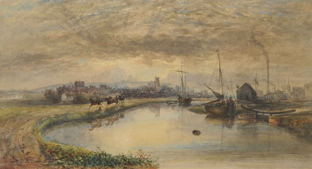 Tidlig morgen - Carlisle fra kanalen, 1842-66 (wc på papir) af William Henry Nutter