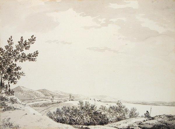 Udsigt over Rajmahal Hills med en Sentenial i forgrunden, ca. 1781 (grå vask, pen og sort blæk og grafit på papir) af William Hodges