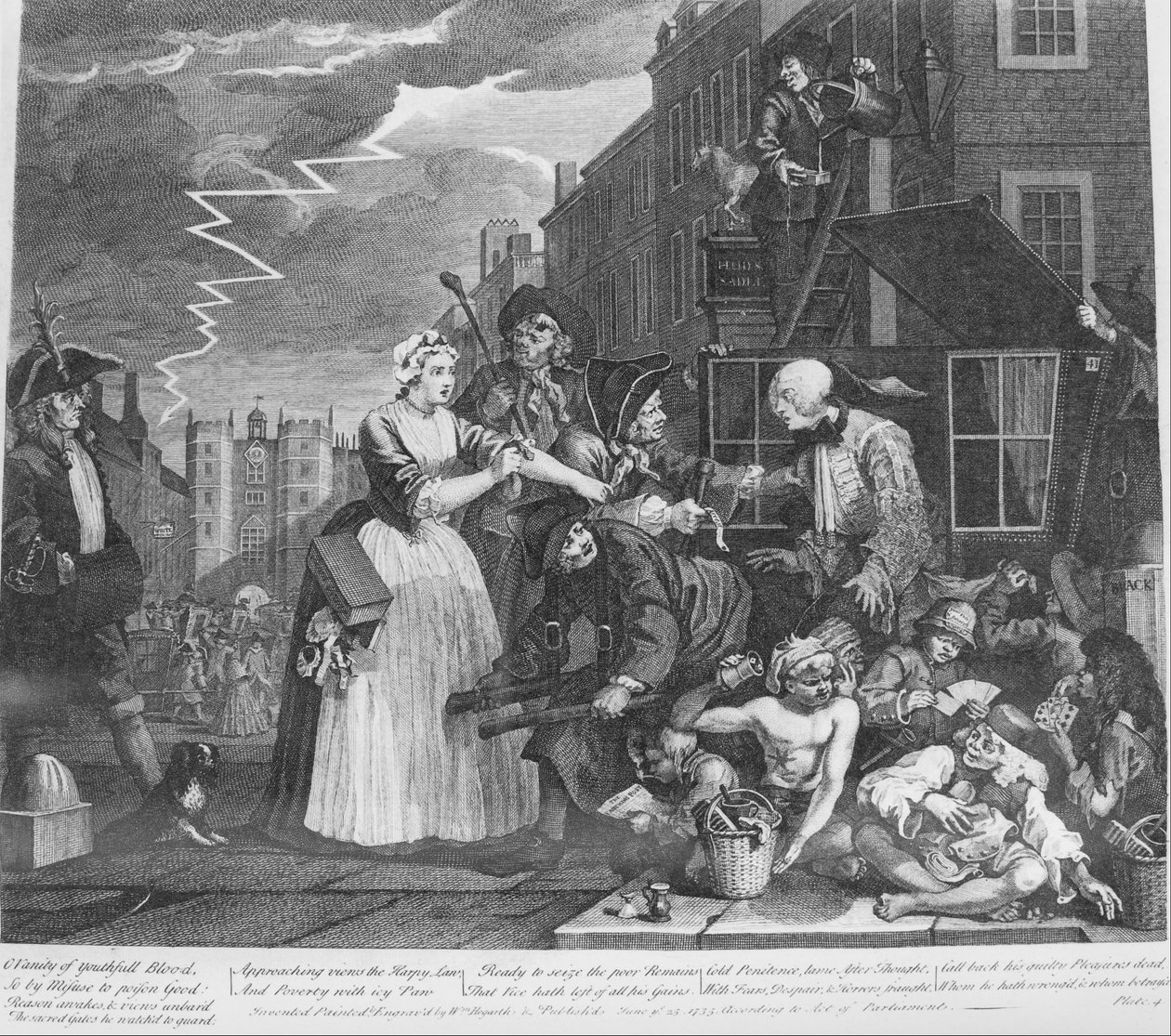 A Rakes Progress, Plate 4, Arrested for Debt af William Hogarth