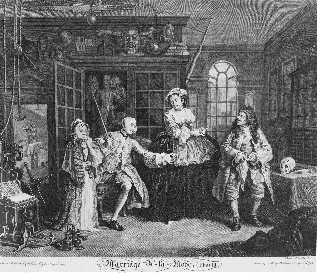 Ægteskab à la Mode, plade 3, (Scenen med kvaksalver) af William Hogarth