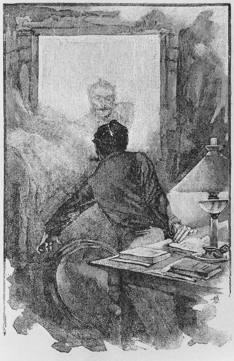 Fortælleren og Horlaen, illustration fra "Le Horla" af Guy de Maupassant (1850-93), graveret af Georges Lemoine, Paris, Editions Albin Michel, ca.1910 (træsnit) af William Julian Damazy
