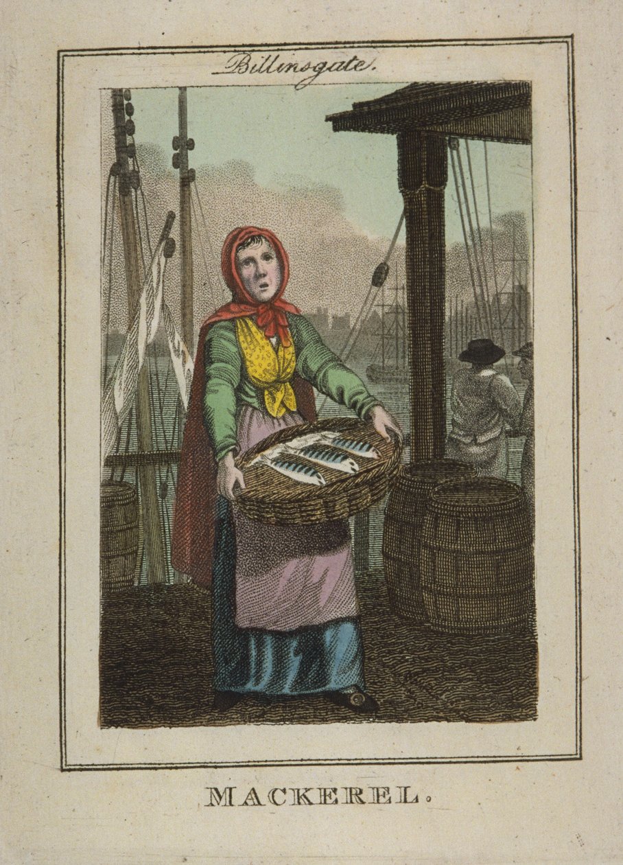 Makrelsælger ved Billingsgate, 1804 (håndfarvet gravering) af William Marshall Craig