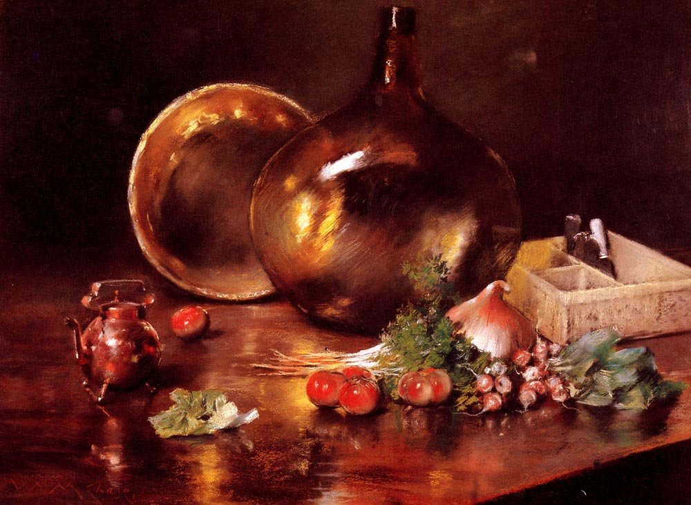 Stilleben messing og glas af William Merritt Chase