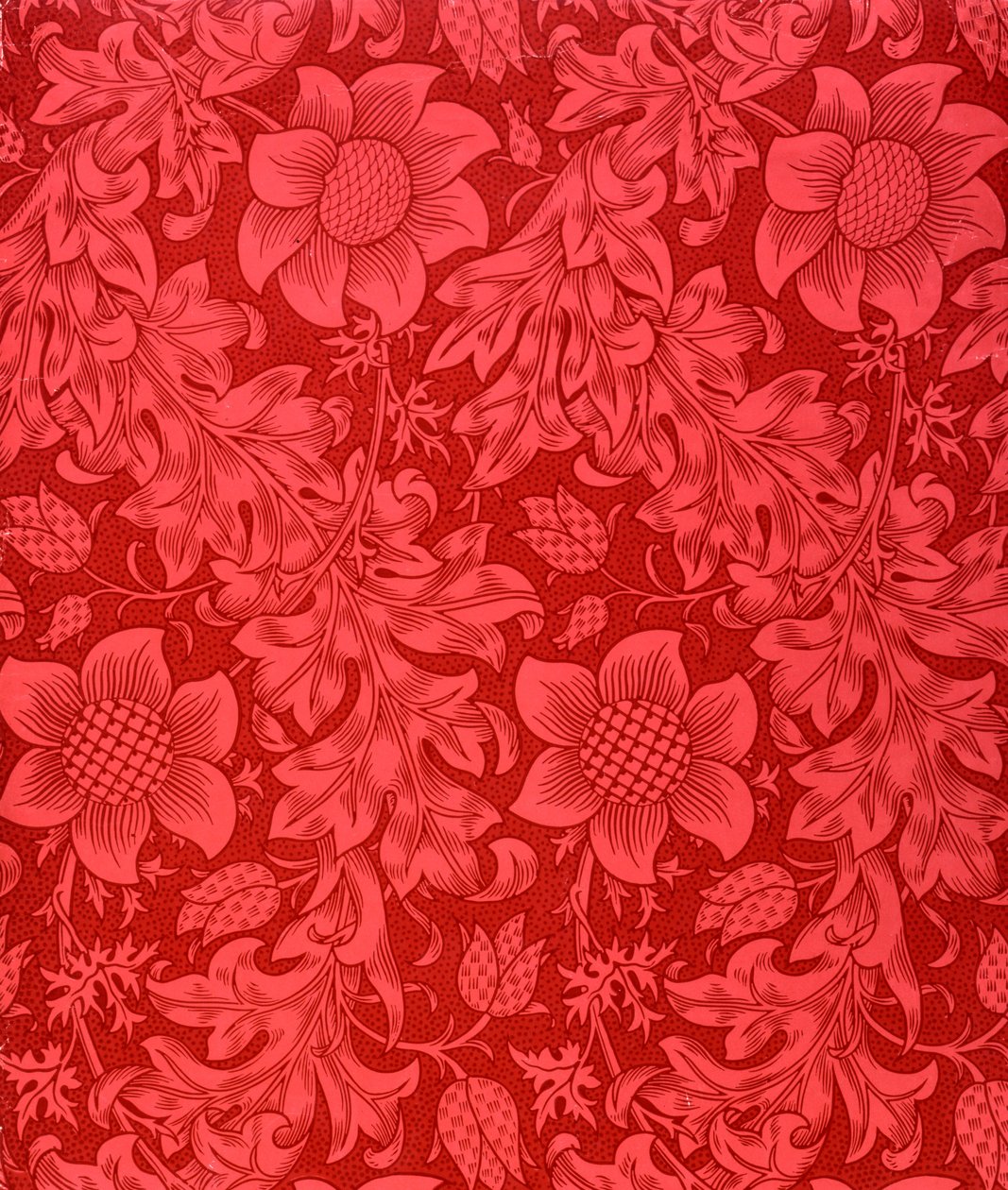Rød solsikke tapetdesign, 1879 (farvet træbloktryk på papir) af William Morris
