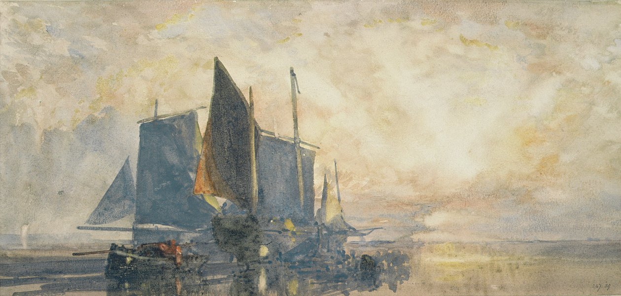 Fiskerbåde for anker: Solnedgang, 1800-tallet (akvarel) af William Roxby Beverly