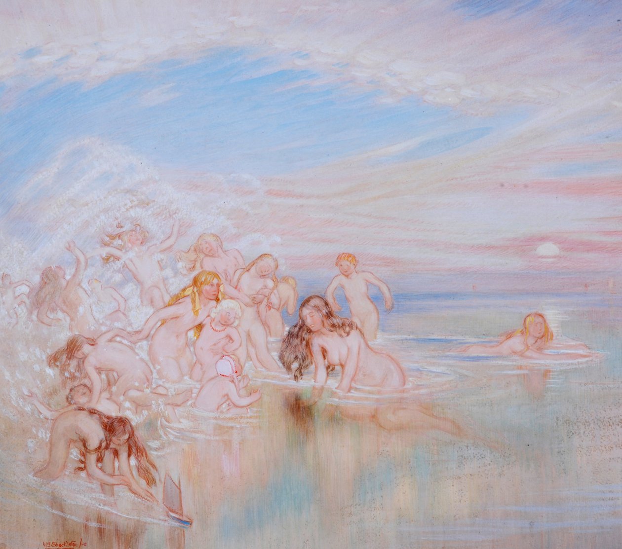 Nymfer ved kysten, 1908 (olie og gouache på papir) af William Shackleton