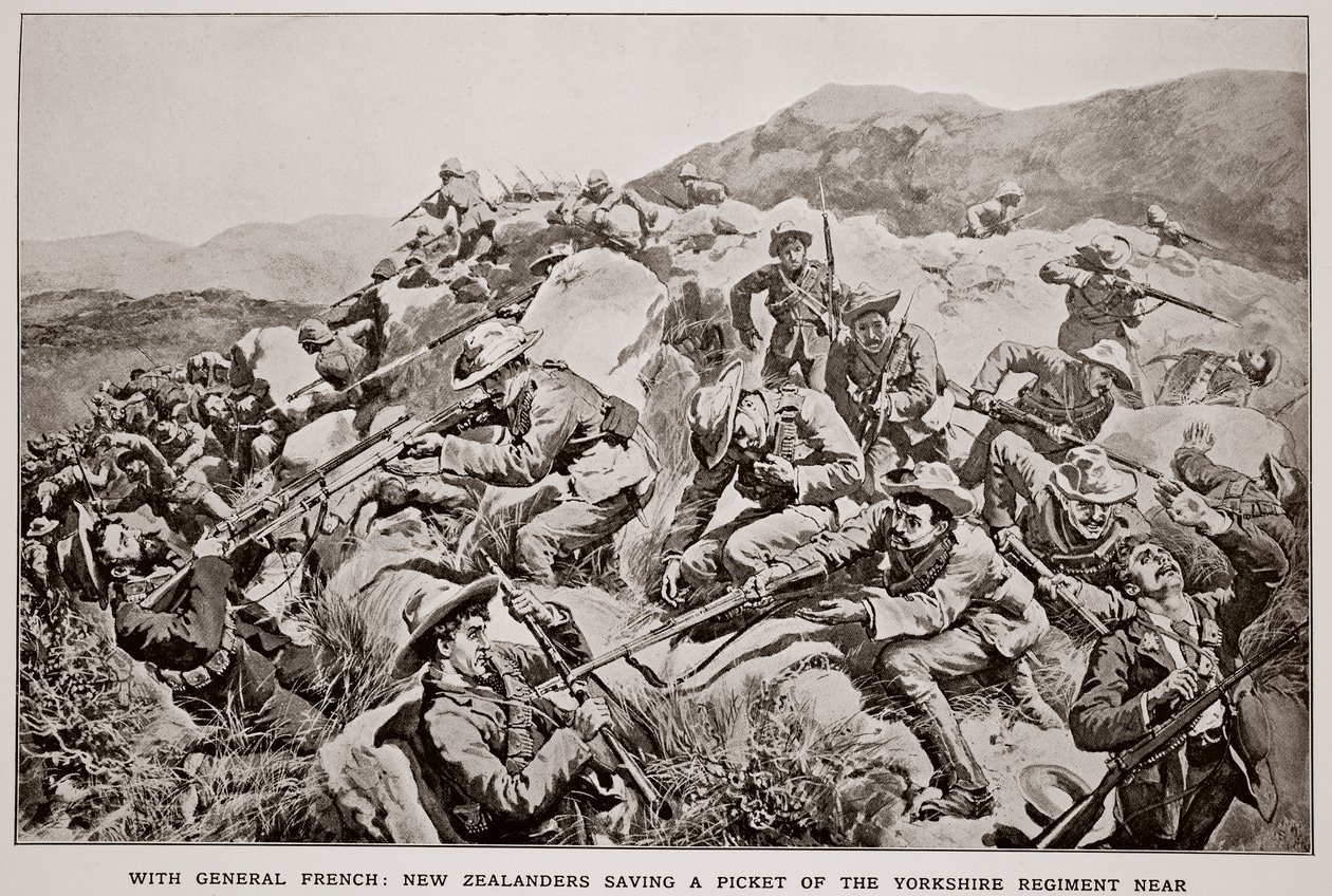 Med General French: New Zealandere redder en strejfet fra Yorkshire Regiment nær Slingersfontein den 15. januar fra en skitse af G.D. Giles (fl.1890) af William Small