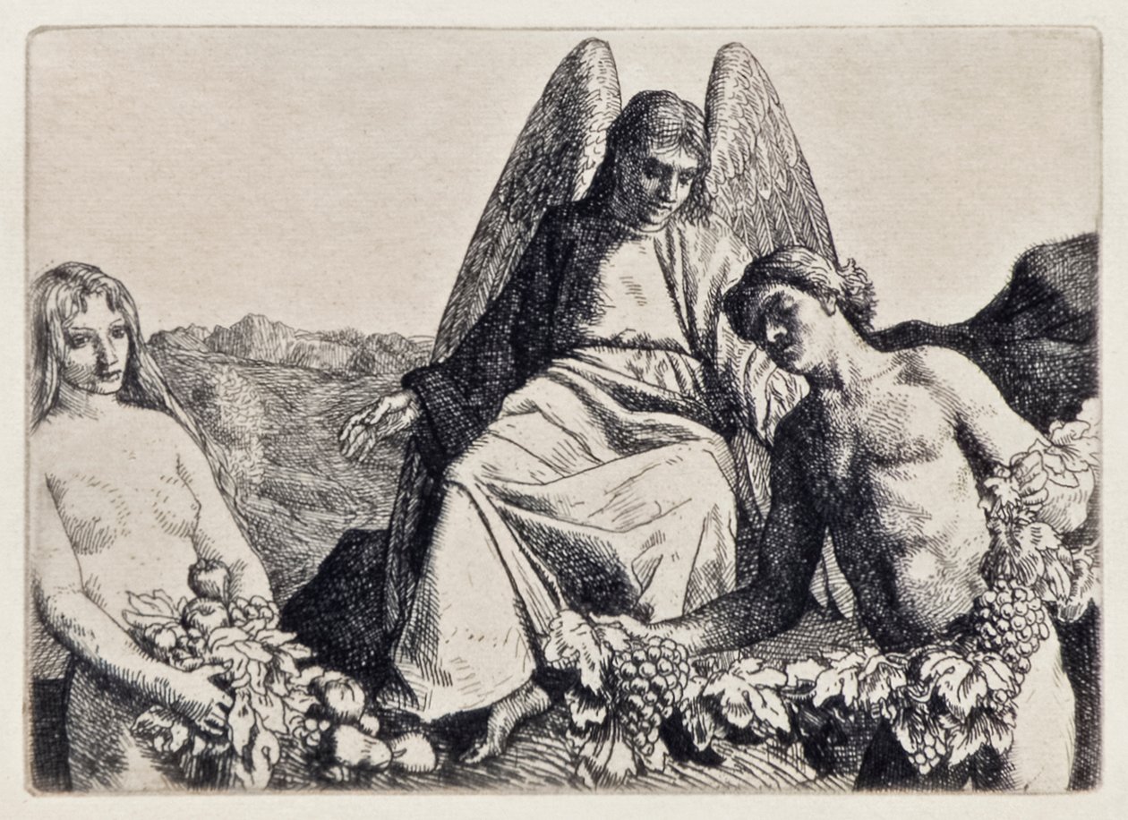 Adam og Eva Entertain Raphael fra Paradise Lost af John Milton (1608-1674) en serie på 12 illustrationer ætset af William Strang (1859-1921) af William Strang