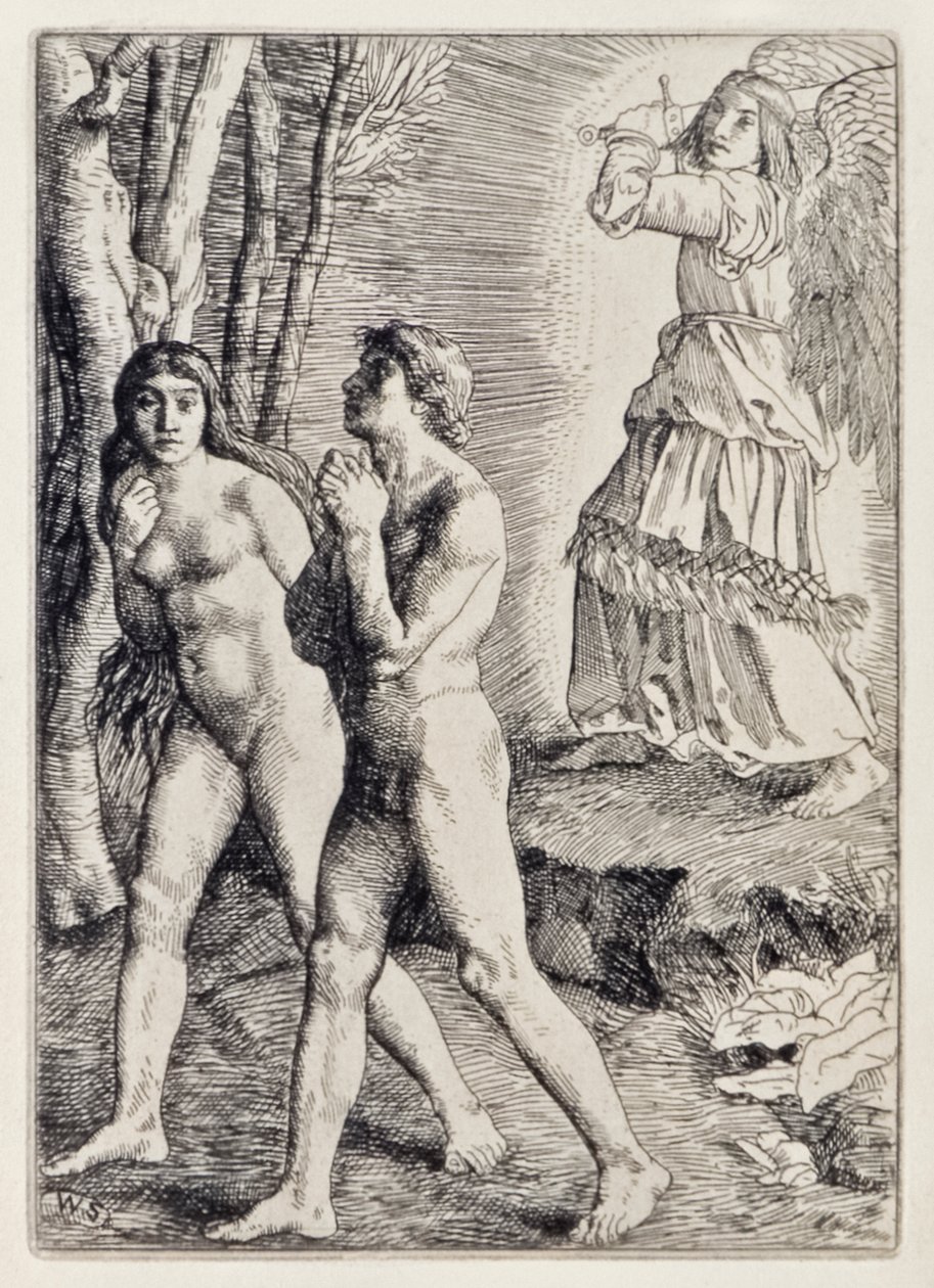 Adam og Eva udvist fra Paradiset fra det tabte paradis af John Milton (1608-1674) en serie på 12 illustrationer ætset af William Strang (1859-1921) af William Strang
