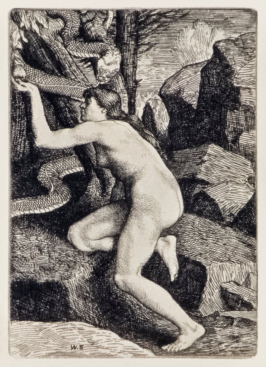 Eva fristet af Satan i form af en slange fra det tabte paradis af John Milton (1608-1674) en serie på 12 illustrationer ætset af William Strang (1859-1921) af William Strang