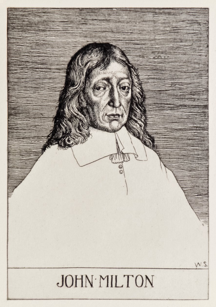 Frontispice-portræt af John Milton (1608-1674) fra Paradise Lost af en serie på 12 illustrationer ætset af William Strang (1859-1921) af William Strang