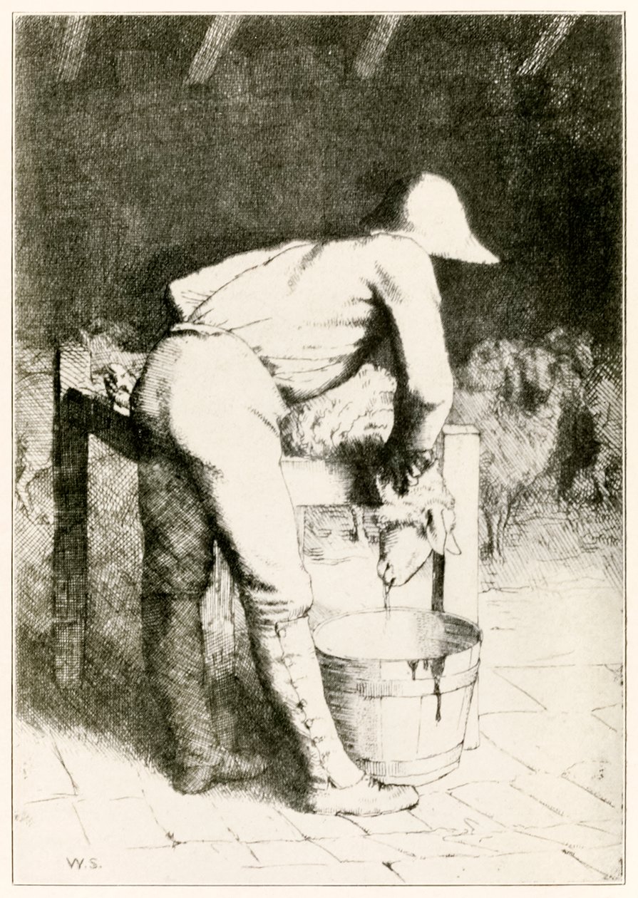The Butcher and the Sheep from The Pilgrims Progress From This World, To That What Is To Come af John Bunyan (1628-1688) illustration af William Strang (1859-1921) Fåret tager sin død i tavshed af William Strang