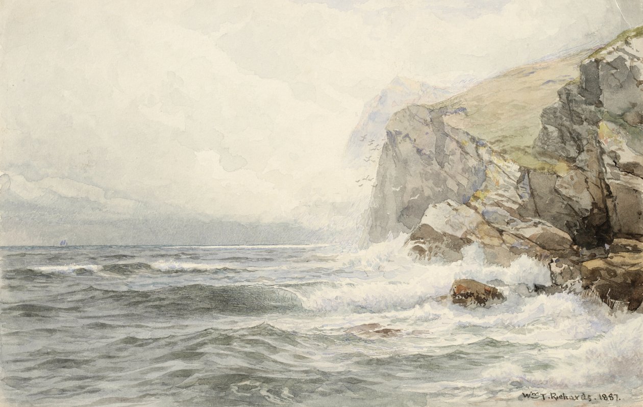 Surf Breaking on Coastal Rocks, 1887 (wc & grafit på cremevævet papir) af William Trost Richards