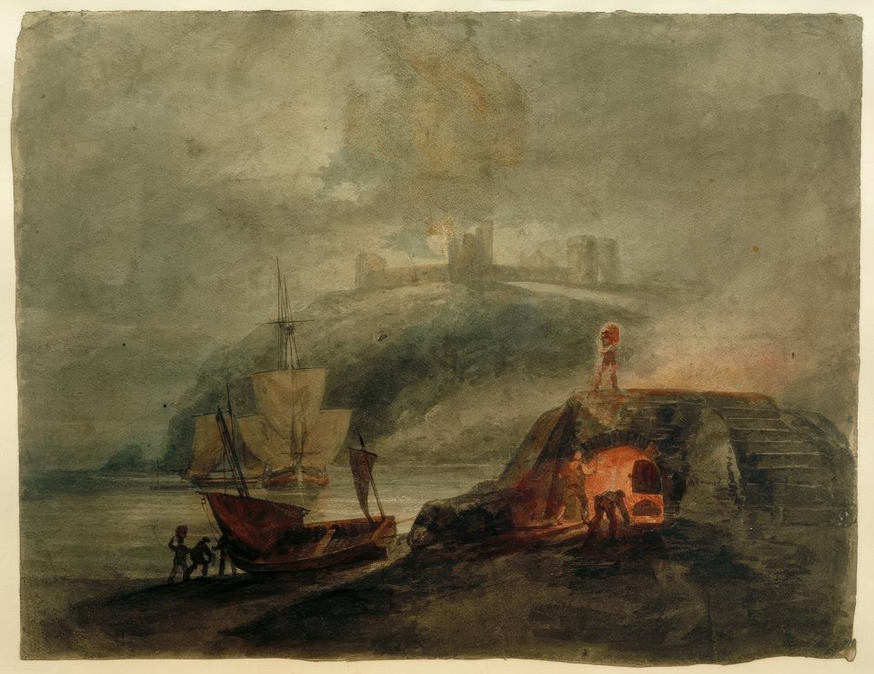 Llanstephan Slot ved Moonlight, med en ovn i forgrunden af Joseph Mallord William Turner