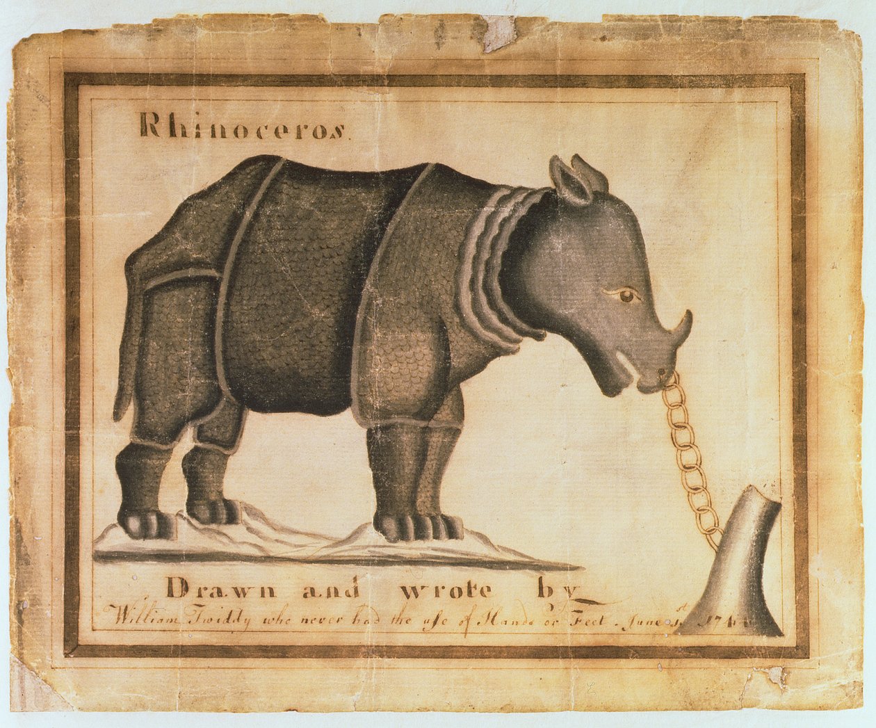 Næsehorn, tegnet og skrevet af William Twiddy, der aldrig har haft hænder eller fødder, 1. juni 1744 (wc på papir) af William Twiddy