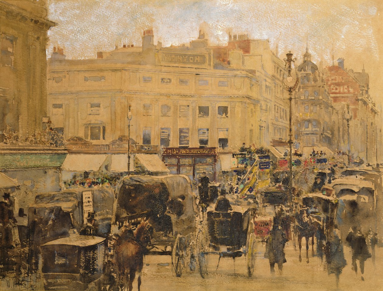 Rush Hour, Oxford Circus (wc & shellac med blyant på tonet papir) af William Walcot
