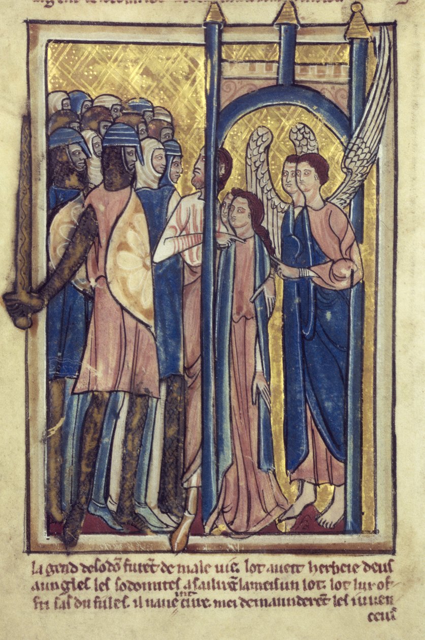 Lot ofrer sine døtre til Sodomas indbyggere fra en bog med bibelbilleder, ca. 1250 af William de Brailes  