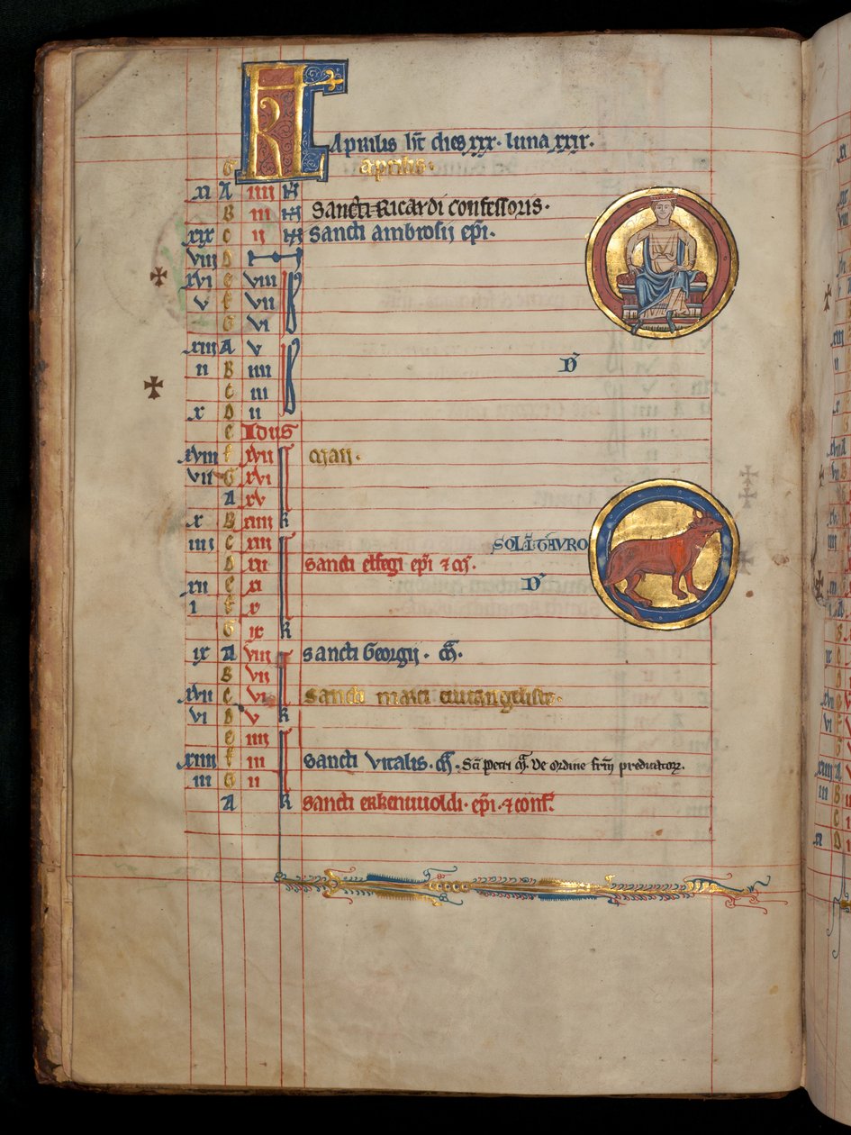 Ms 322 f.2v, April, en siddende mand med to blomster, illustration fra 