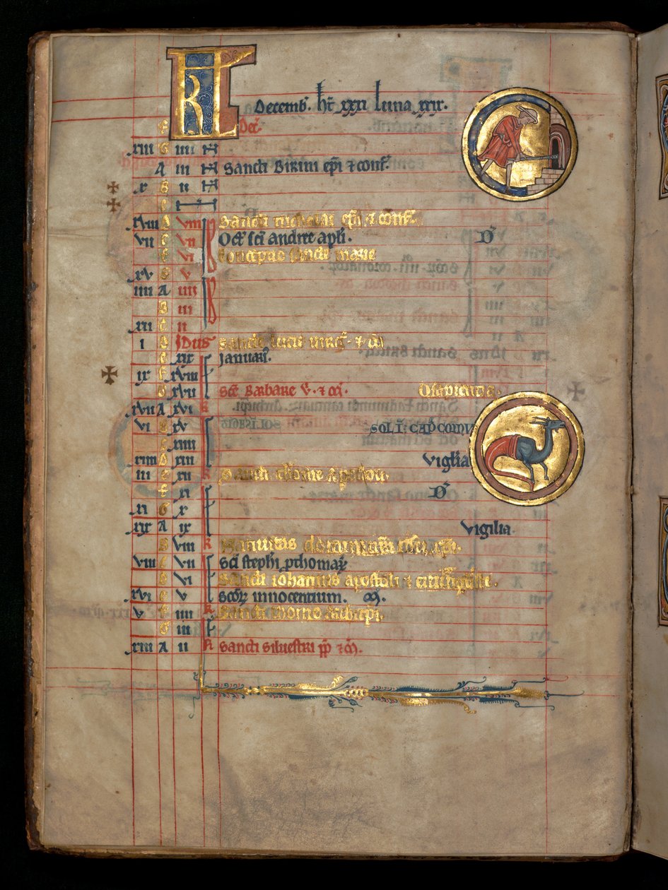 Ms 322 f.6v, december, en mand, der placerer brød i en ovn, illustration fra 