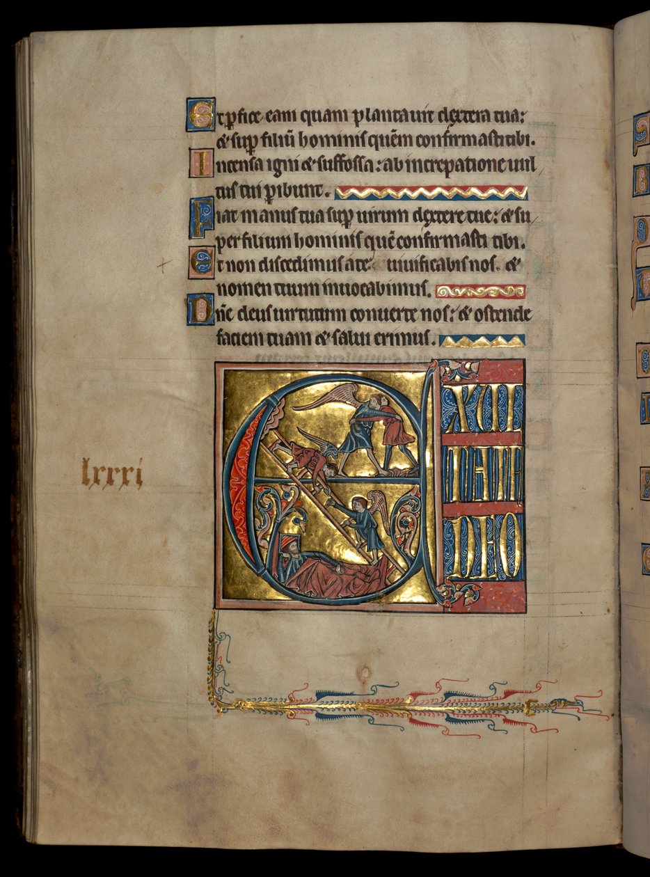 Ms 322 f.82v, Salme 80, initial E, Jakob kæmper med englen, Jakobs drøm, illustration fra 