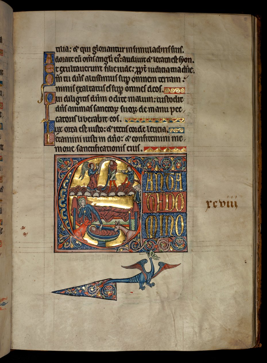 Ms 322 f.97r, Salme 97, initial C, Bebudelse til hyrderne, illustration fra 
